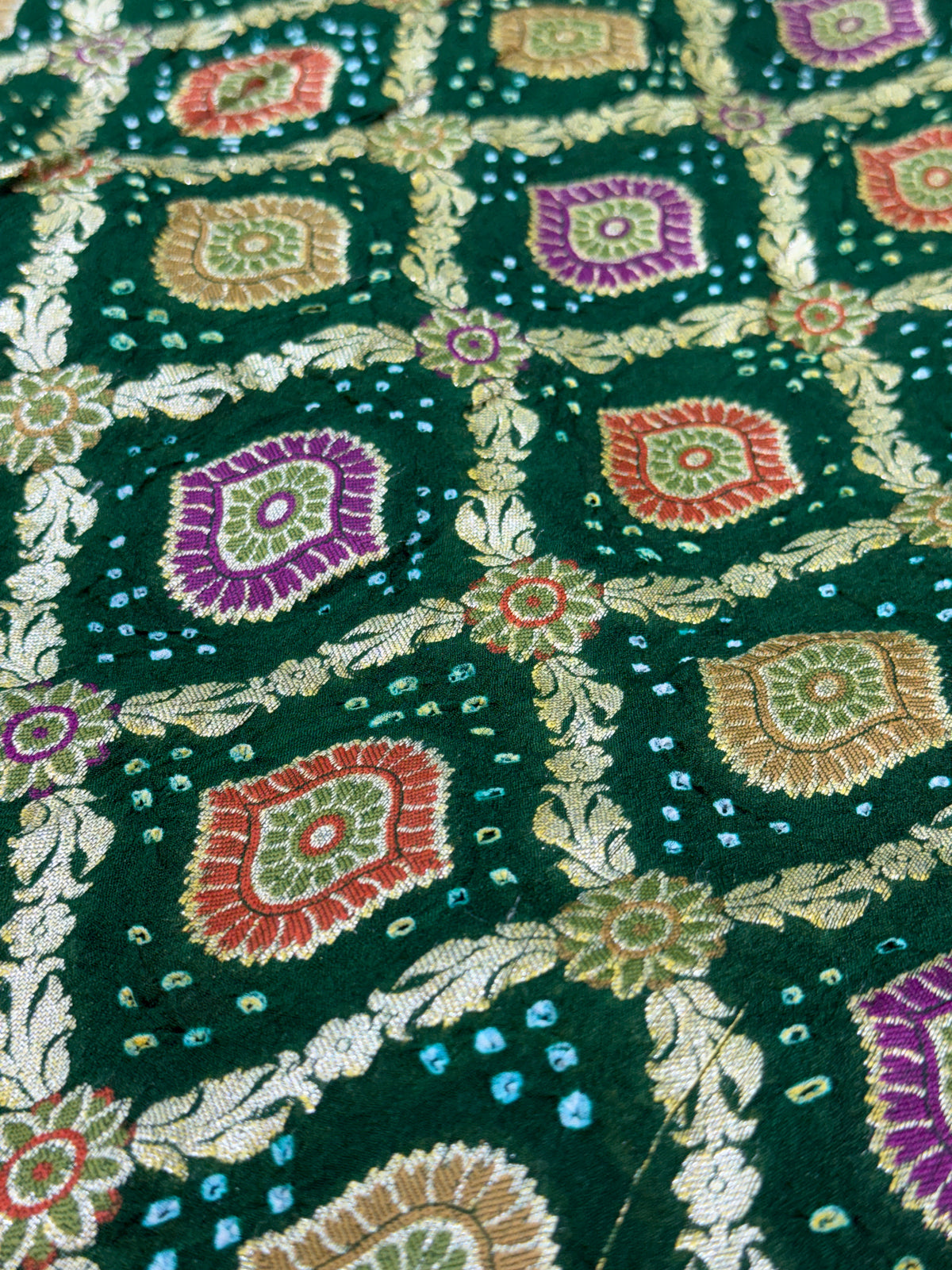 Emerald Green Pure Mysore Georgette Banarasi Bandhej Dupatta | 2500843