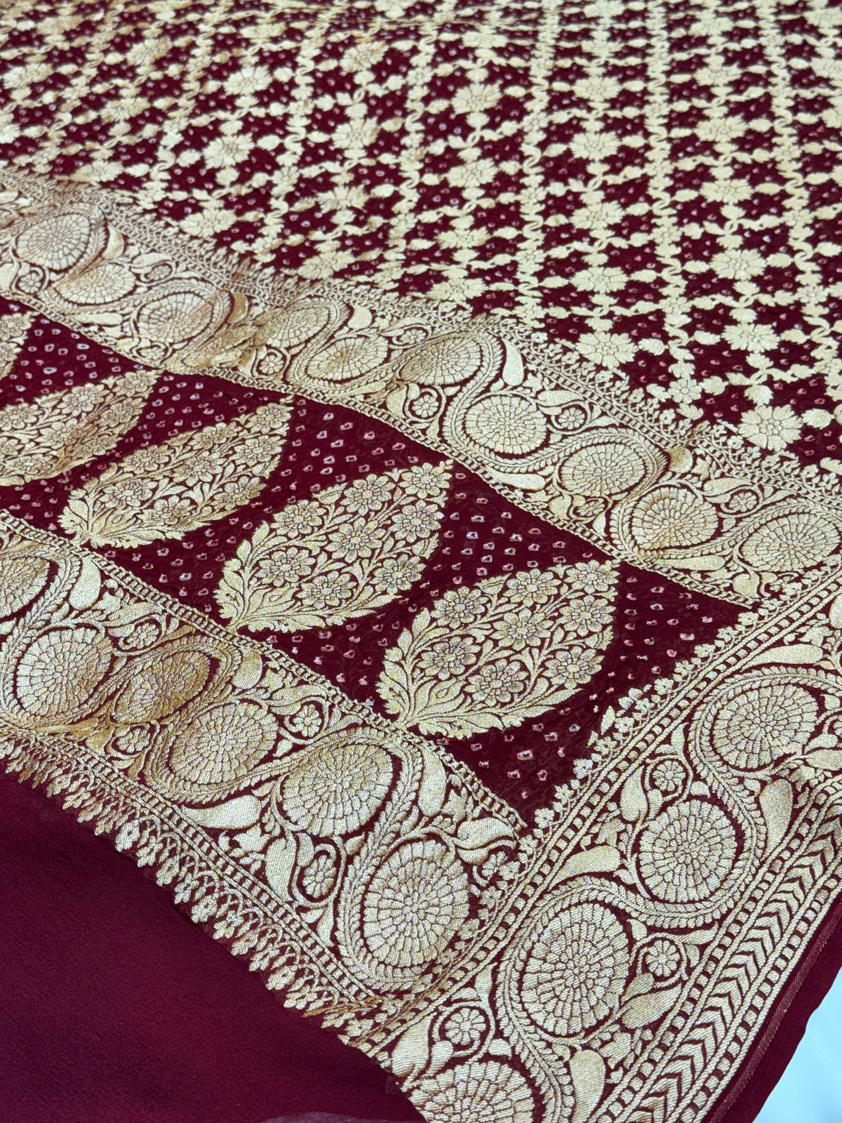 Maroon Pure Mysore Georgette Banarasi Bandhej Dupatta | 2506901