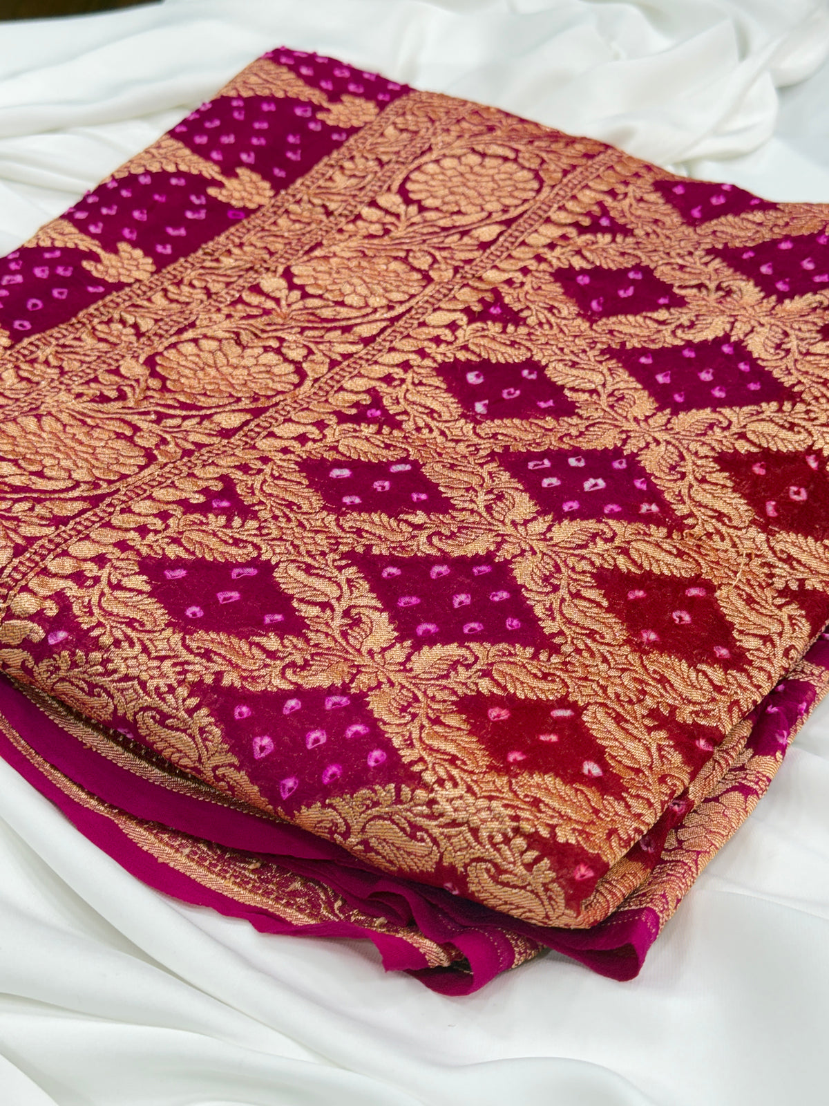 Rani Pink Pure Mysore Georgette Banarasi Bandhej Dupatta | 2506901