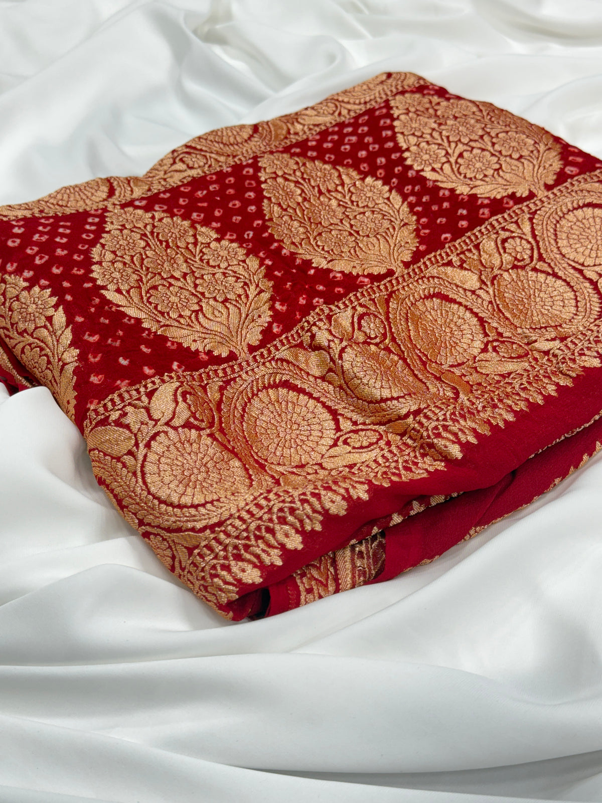 Red Pure Mysore Georgette Banarasi Bandhej Dupatta | 2506901