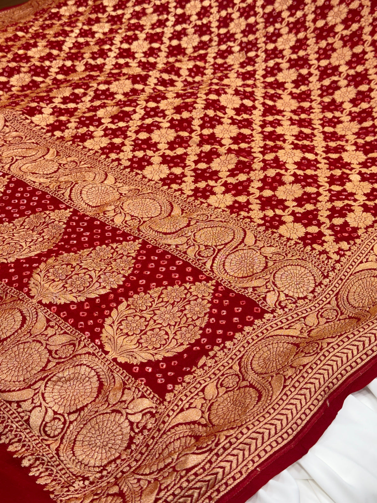 Red Pure Mysore Georgette Banarasi Bandhej Dupatta | 2506901