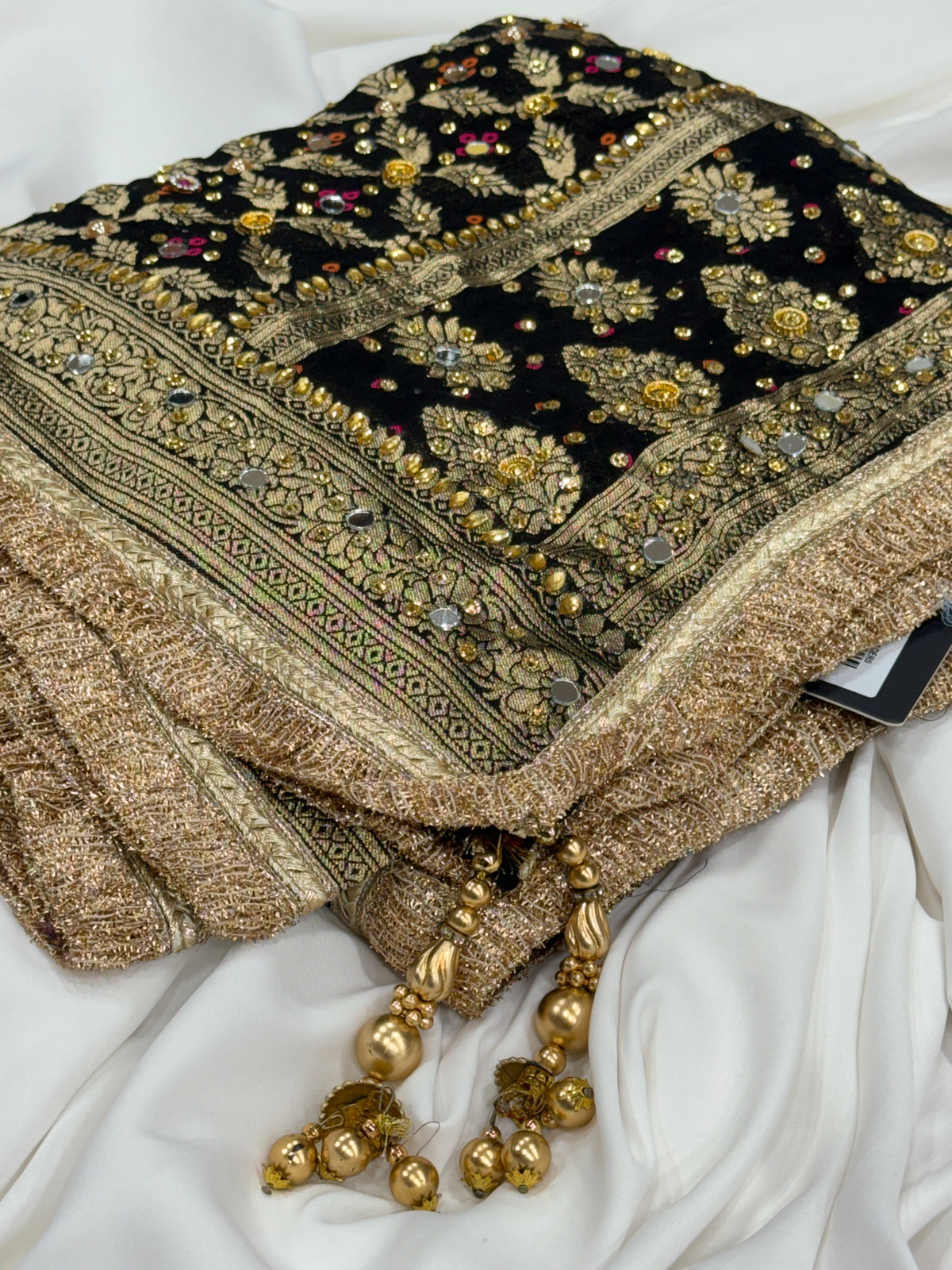 Black Pure Mysore Georgette Banarasi Bandhej Dupatta with Mirror Accents | 2500593