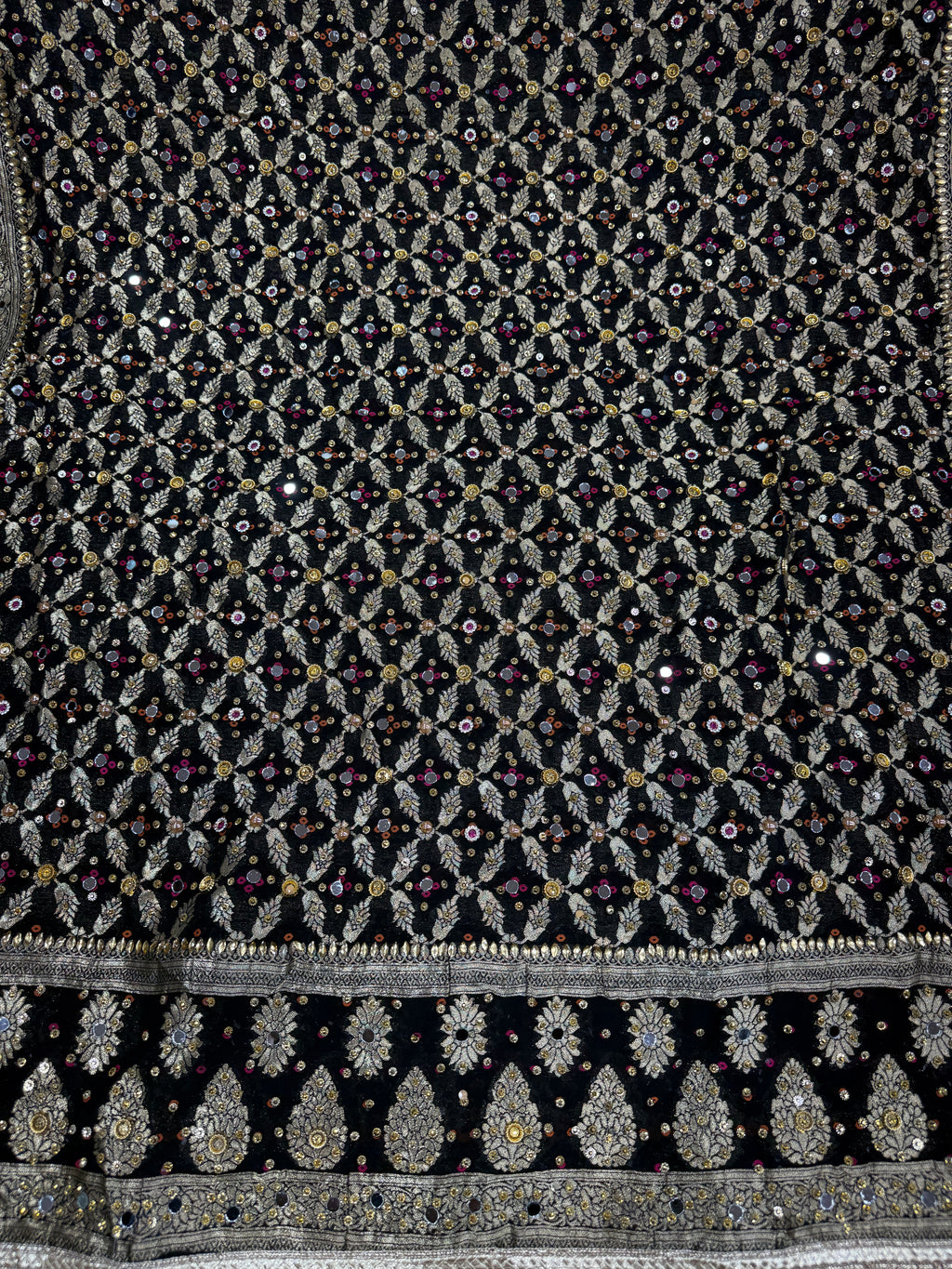 Black Pure Mysore Georgette Banarasi Bandhej Dupatta with Mirror Accents | 2500593