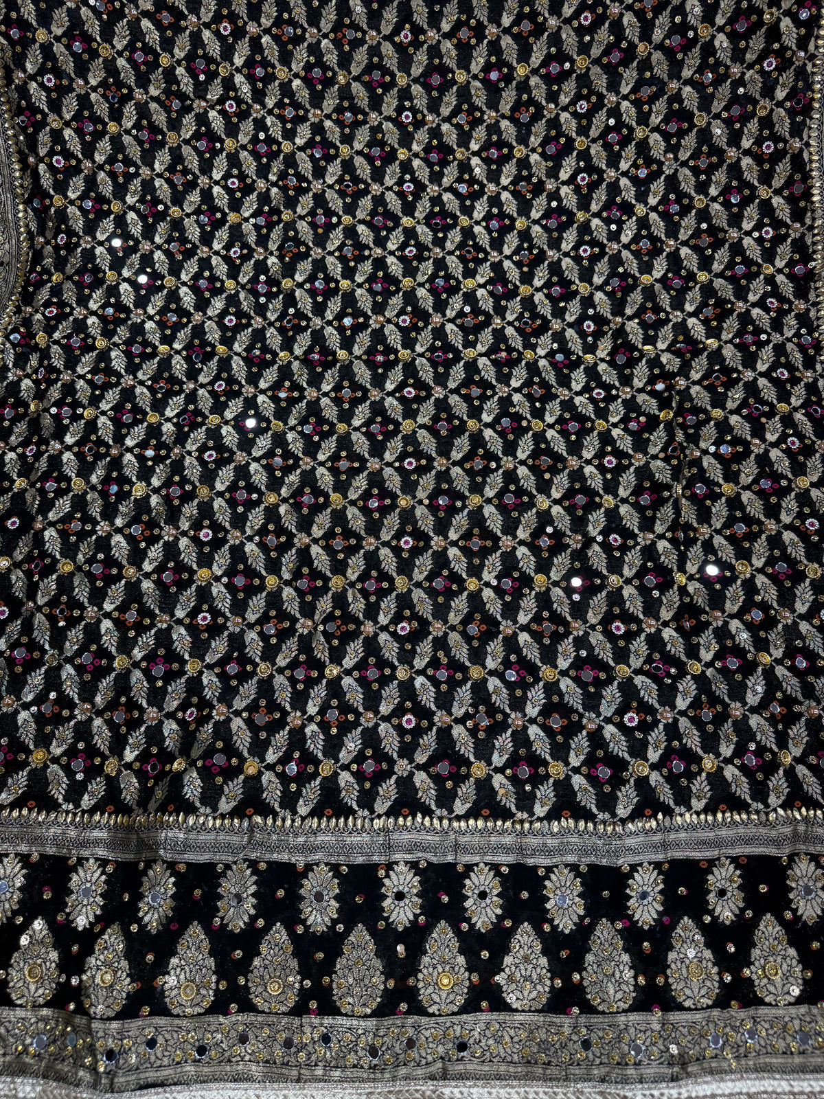 Black Pure Mysore Georgette Banarasi Bandhej Dupatta with Mirror Accents | 2500593