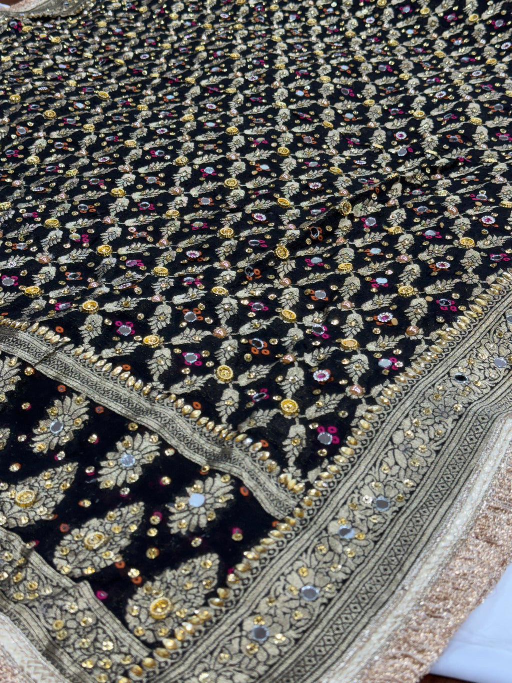Black Pure Mysore Georgette Banarasi Bandhej Dupatta with Mirror Accents | 2500593