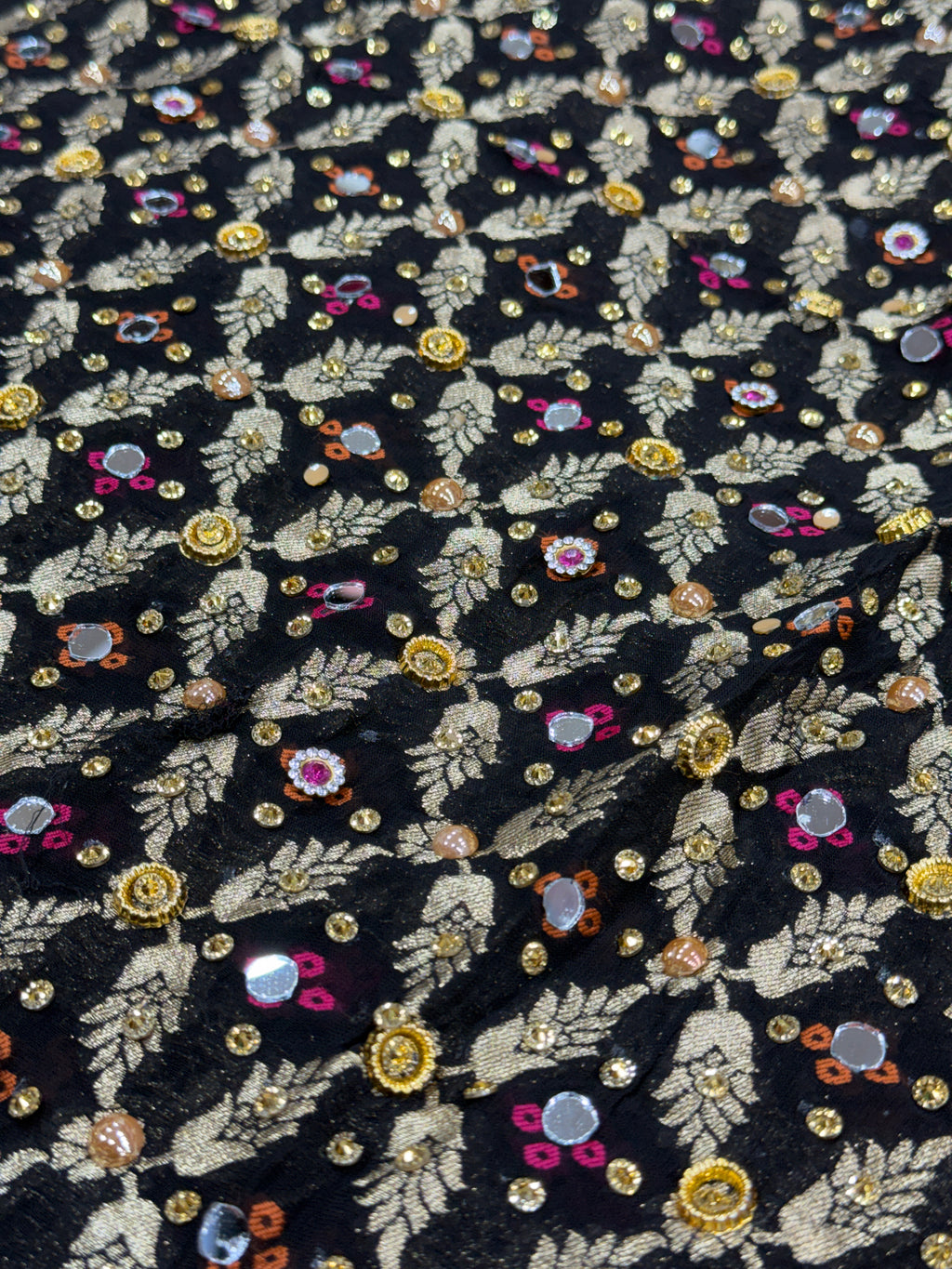Black Pure Mysore Georgette Banarasi Bandhej Dupatta with Mirror Accents | 2500593