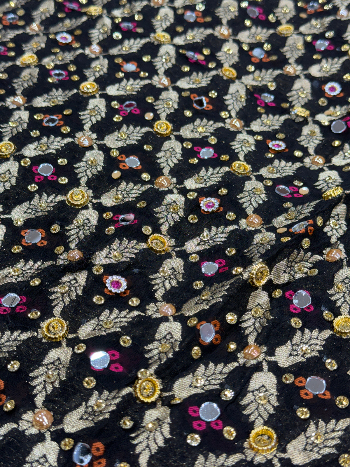 Black Pure Mysore Georgette Banarasi Bandhej Dupatta with Mirror Accents | 2500593