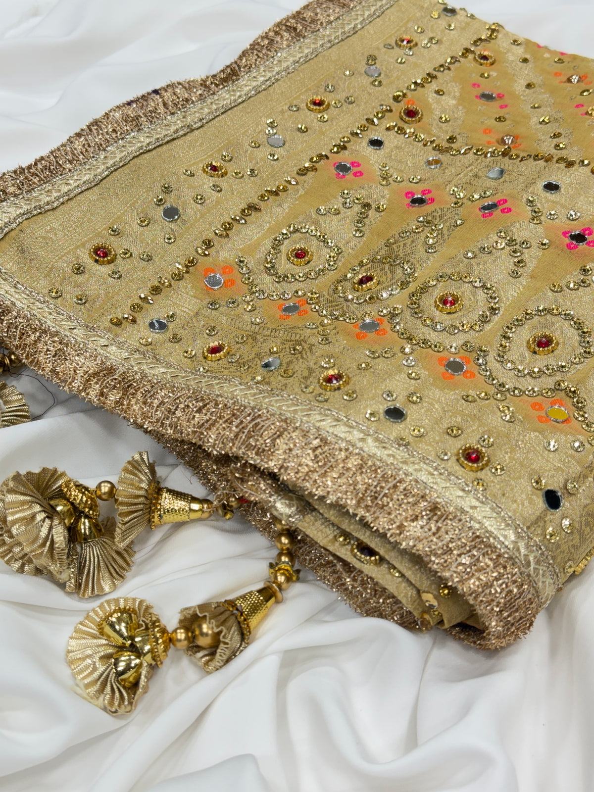 Ivory Beige Pure Mysore Georgette Banarasi Bandhej Dupatta with Mirror Accents | 2500589