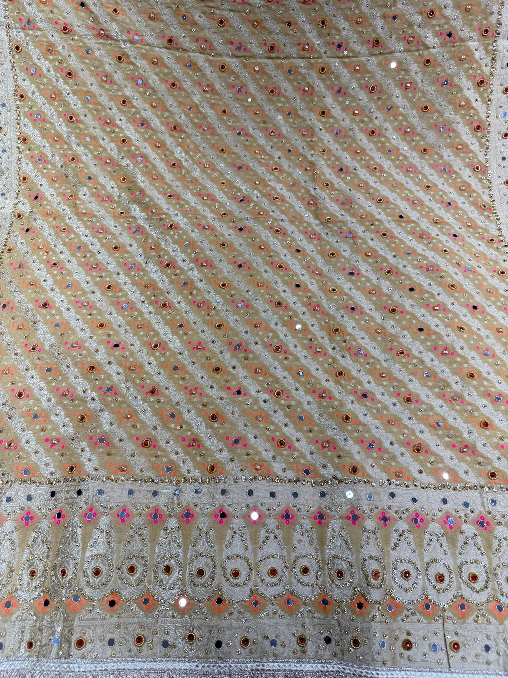 Ivory Beige Pure Mysore Georgette Banarasi Bandhej Dupatta with Mirror Accents | 2500589