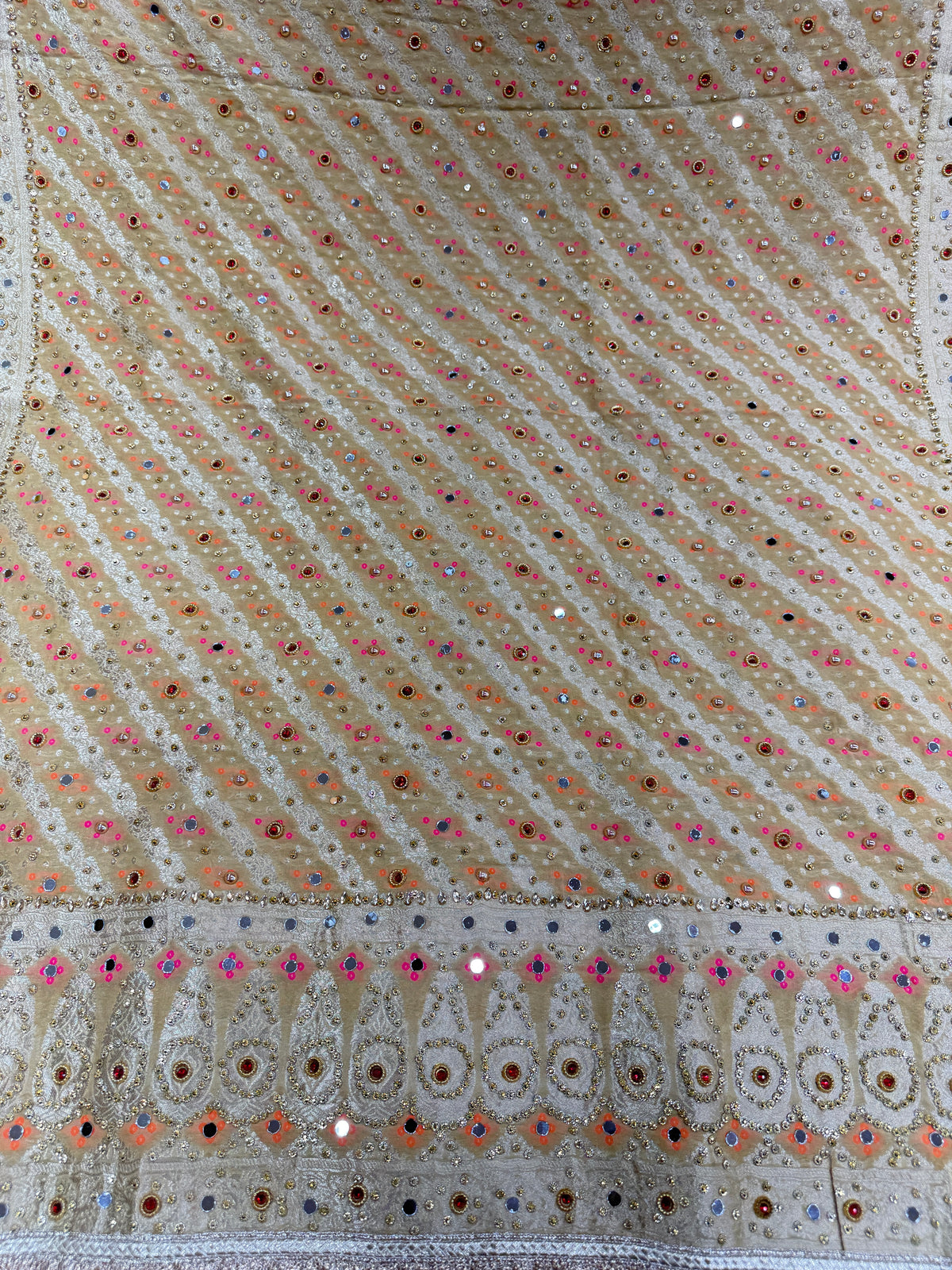 Ivory Beige Pure Mysore Georgette Banarasi Bandhej Dupatta with Mirror Accents | 2500589