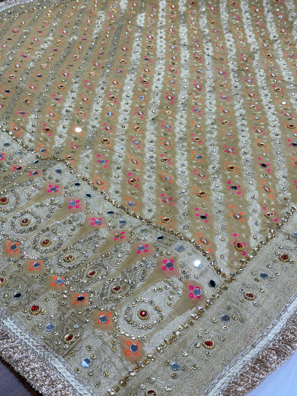 Ivory Beige Pure Mysore Georgette Banarasi Bandhej Dupatta with Mirror Accents | 2500589