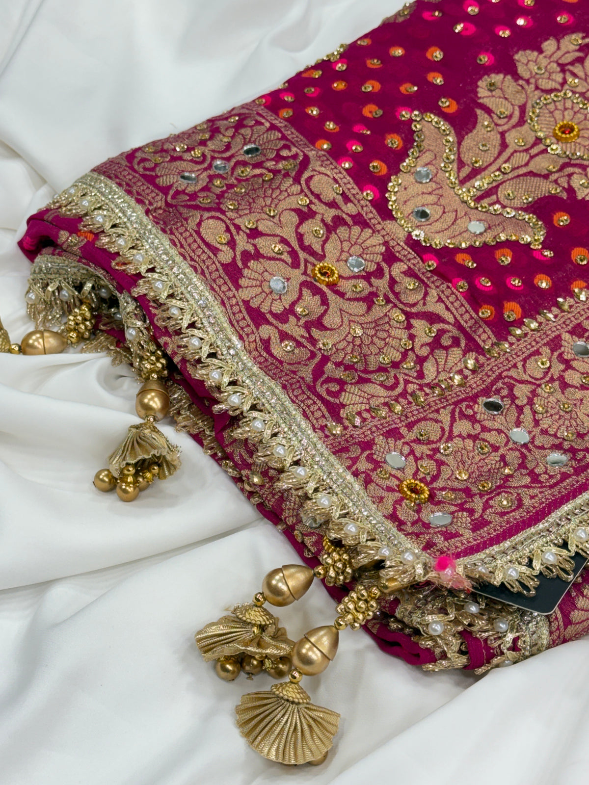 Rani Pink Pure Mysore Georgette Banarasi Bandhej Dupatta with Mirror Accents | 2507243