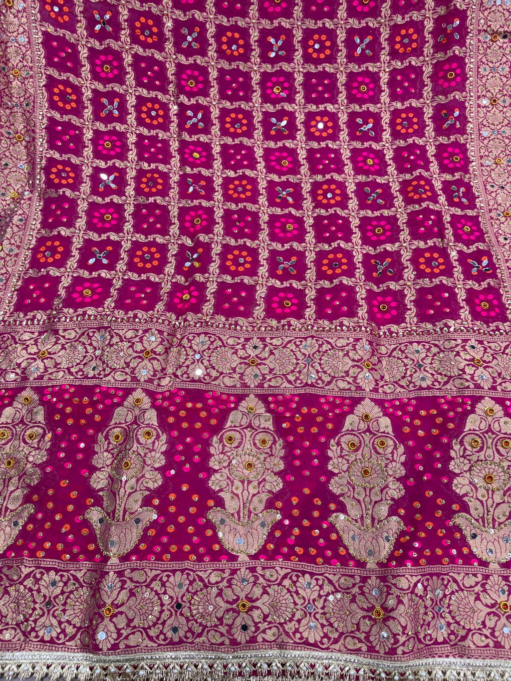 Rani Pink Pure Mysore Georgette Banarasi Bandhej Dupatta with Mirror Accents | 2507243