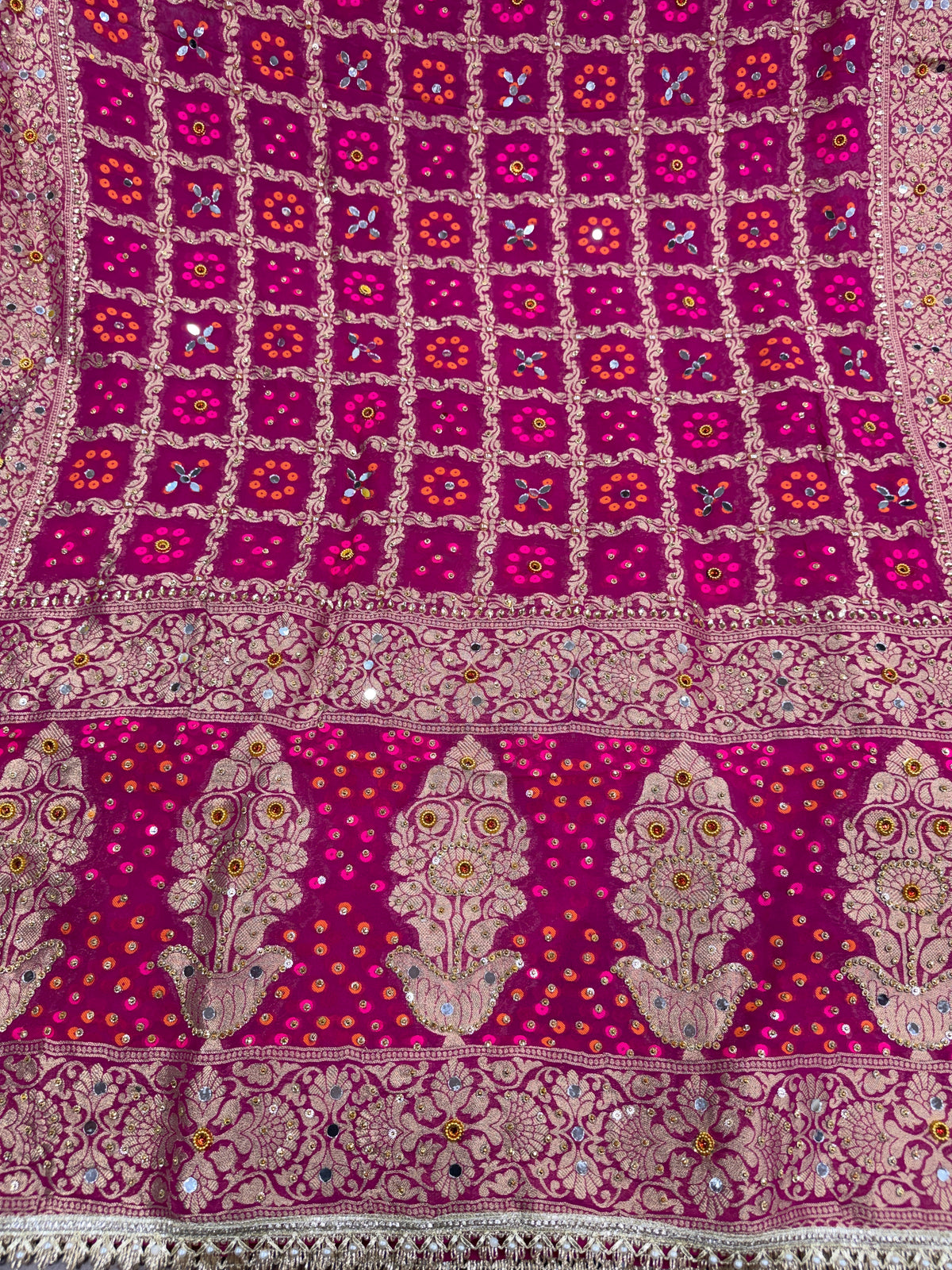 Rani Pink Pure Mysore Georgette Banarasi Bandhej Dupatta with Mirror Accents | 2507243