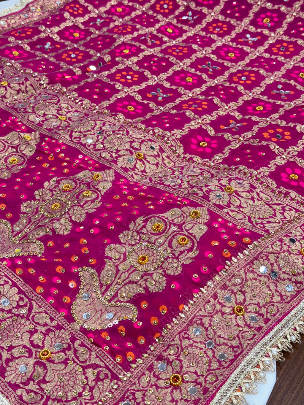 Rani Pink Pure Mysore Georgette Banarasi Bandhej Dupatta with Mirror Accents | 2507243