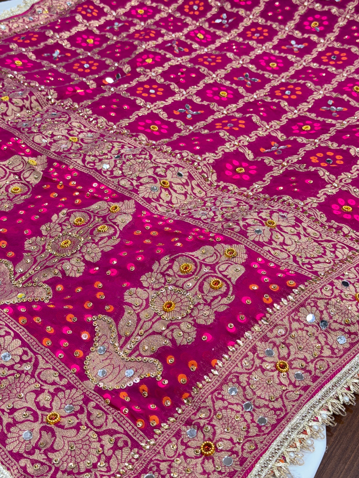 Rani Pink Pure Mysore Georgette Banarasi Bandhej Dupatta with Mirror Accents | 2507243