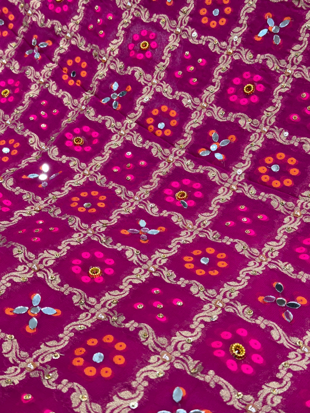 Rani Pink Pure Mysore Georgette Banarasi Bandhej Dupatta with Mirror Accents | 2507243