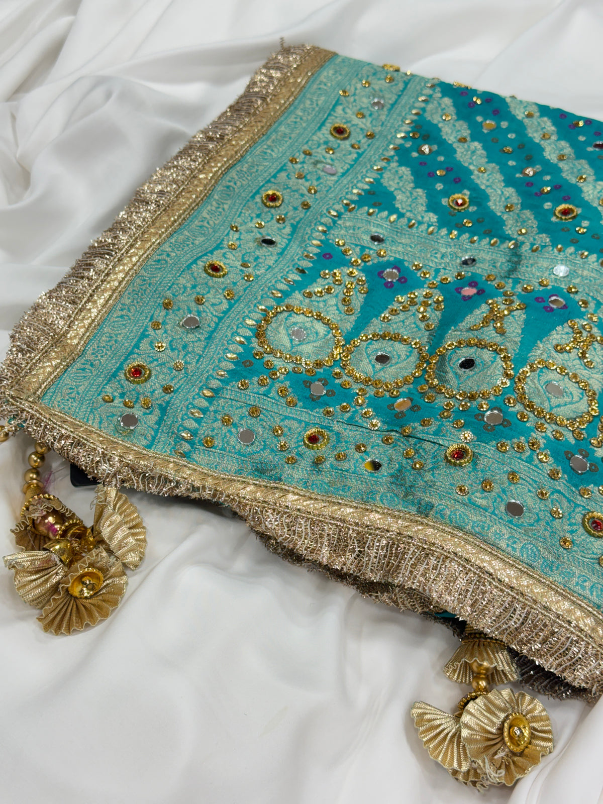 Turquoise Blue Pure Mysore Georgette Banarasi Bandhej Dupatta with Mirror Accents | 2500592