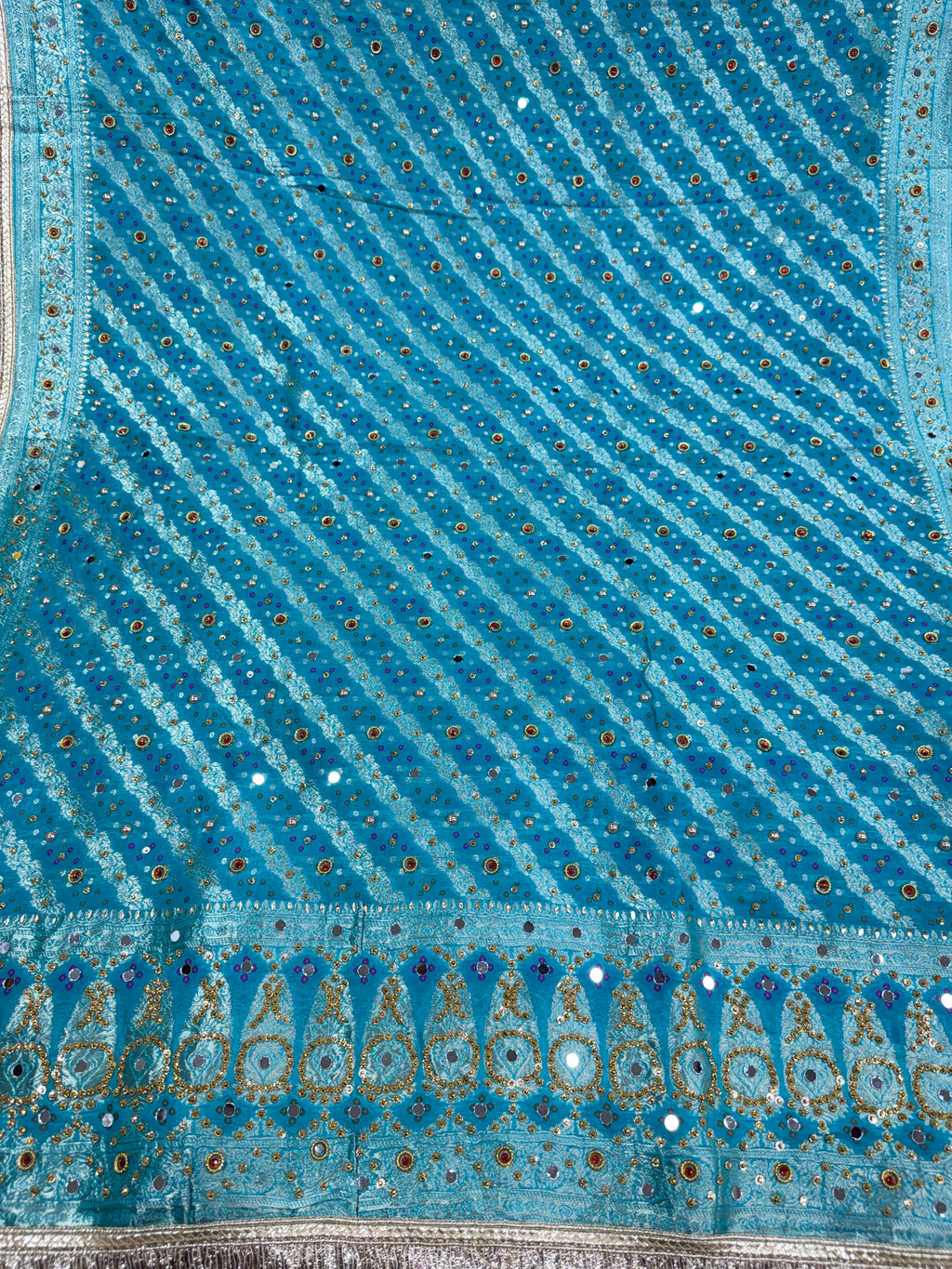 Turquoise Blue Pure Mysore Georgette Banarasi Bandhej Dupatta with Mirror Accents | 2500592