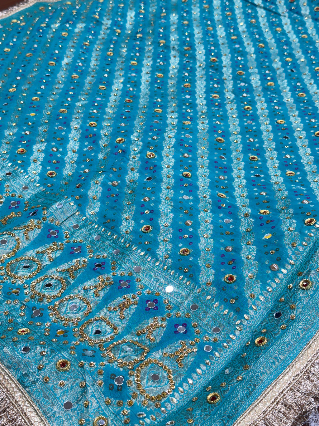Turquoise Blue Pure Mysore Georgette Banarasi Bandhej Dupatta with Mirror Accents | 2500592