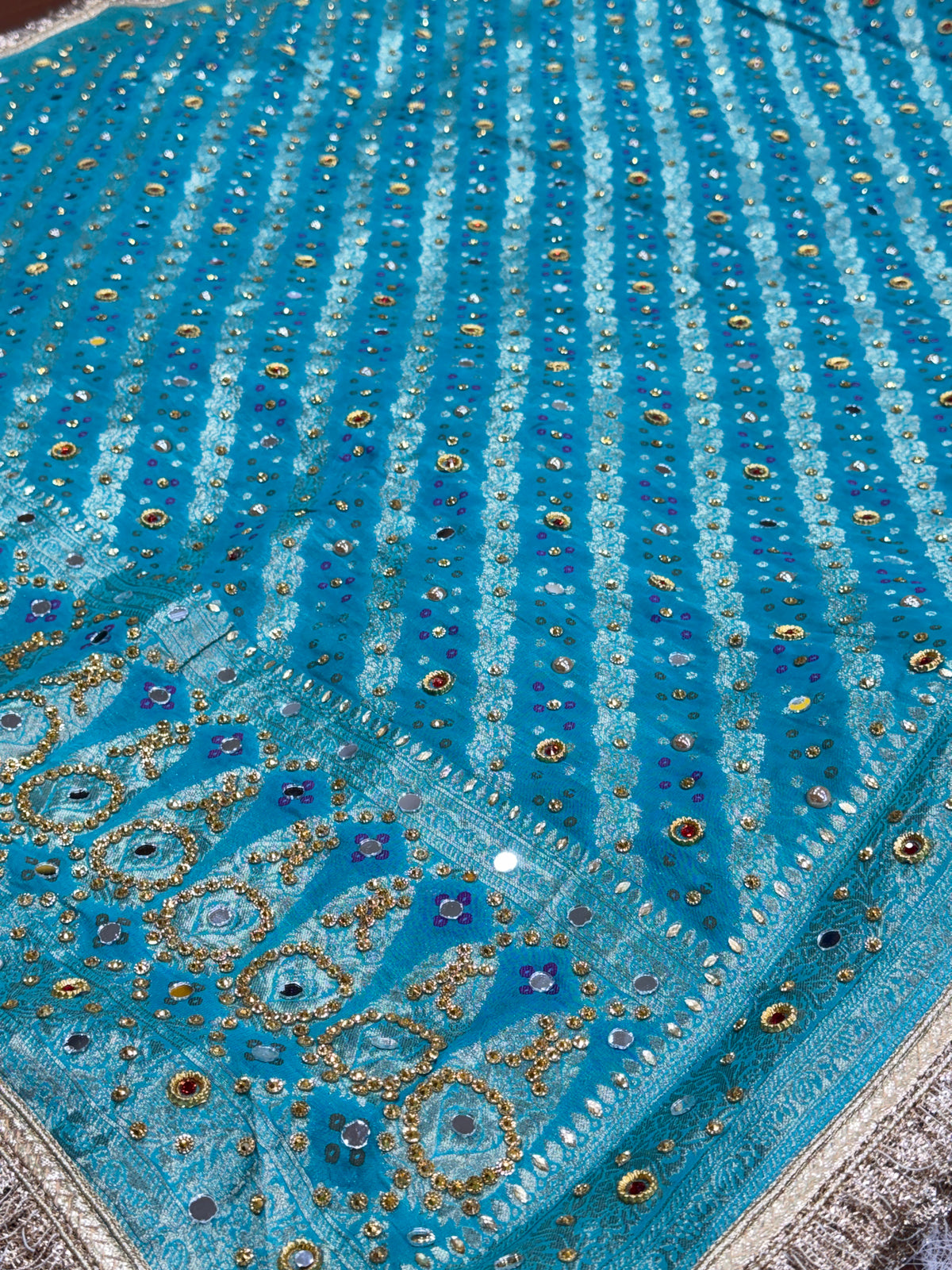 Turquoise Blue Pure Mysore Georgette Banarasi Bandhej Dupatta with Mirror Accents | 2500592