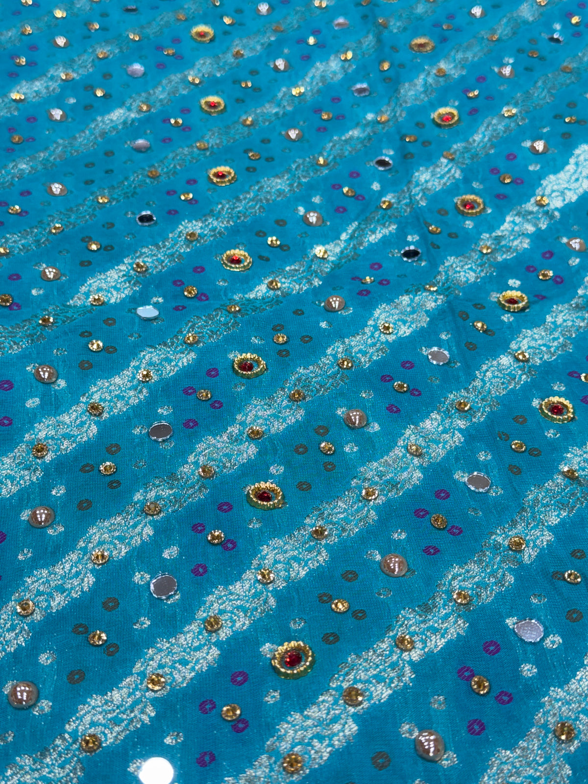 Turquoise Blue Pure Mysore Georgette Banarasi Bandhej Dupatta with Mirror Accents | 2500592