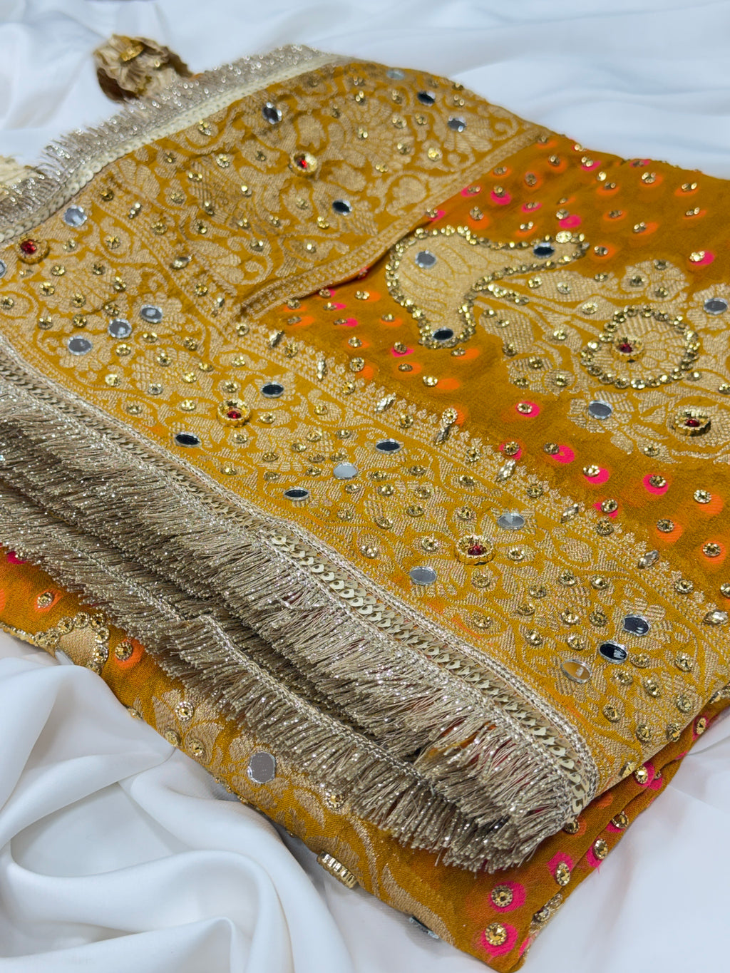 Mustard Yellow Pure Mysore Georgette Banarasi Bandhej Dupatta with Mirror Accents | 2506137
