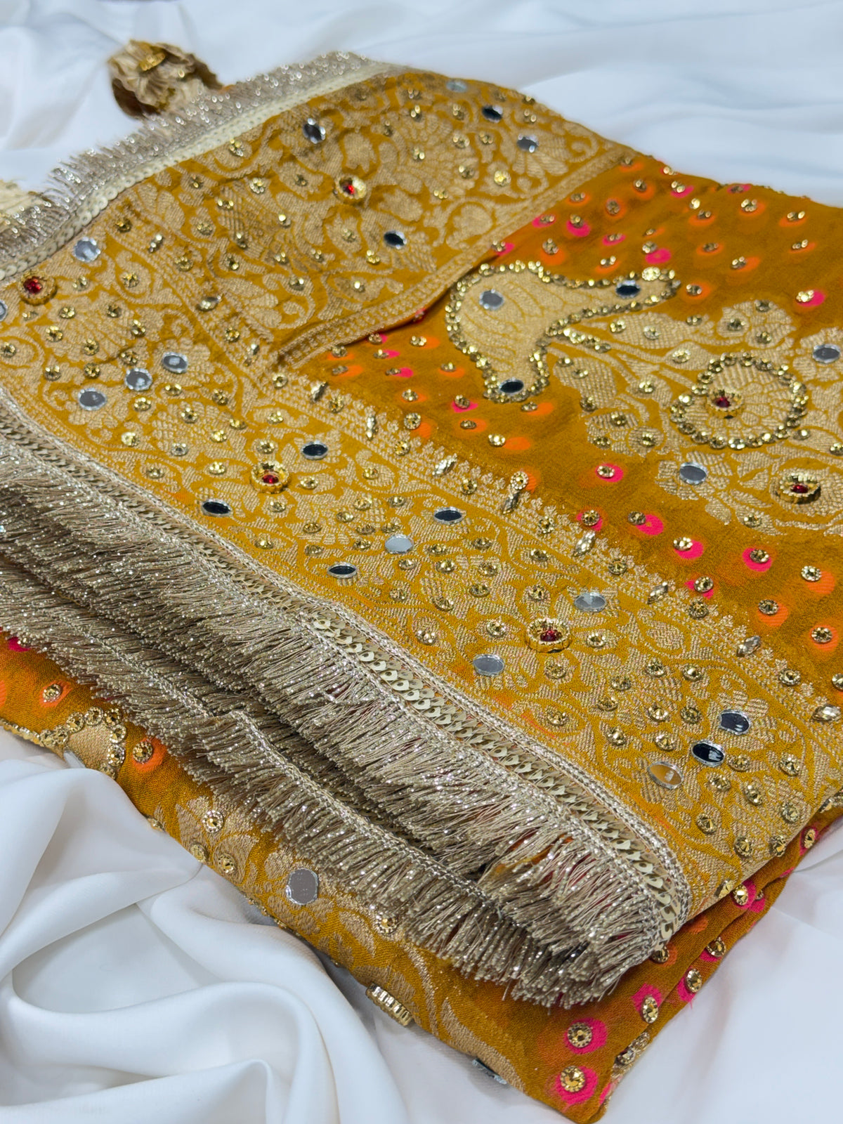 Mustard Yellow Pure Mysore Georgette Banarasi Bandhej Dupatta with Mirror Accents | 2506137