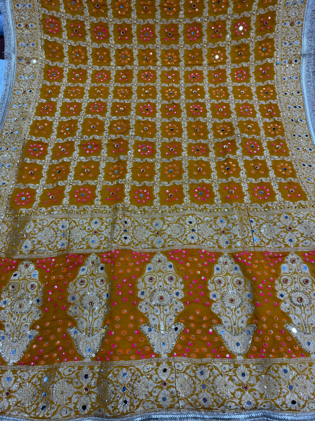 Mustard Yellow Pure Mysore Georgette Banarasi Bandhej Dupatta with Mirror Accents | 2506137