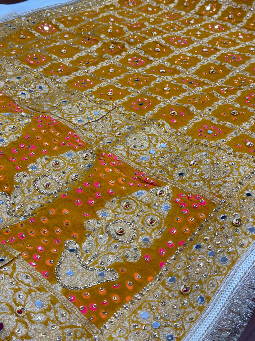Mustard Yellow Pure Mysore Georgette Banarasi Bandhej Dupatta with Mirror Accents | 2506137