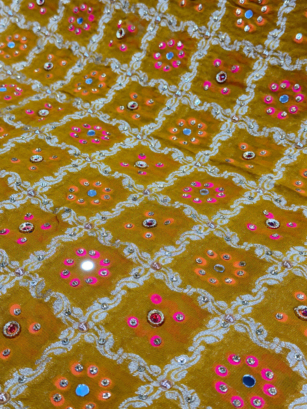 Mustard Yellow Pure Mysore Georgette Banarasi Bandhej Dupatta with Mirror Accents | 2506137