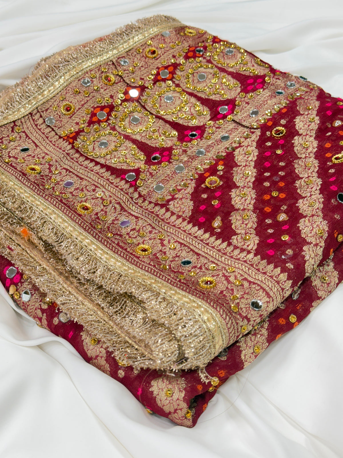 Maroon Pure Mysore Georgette Banarasi Bandhej Dupatta with Mirror Work | 2500588