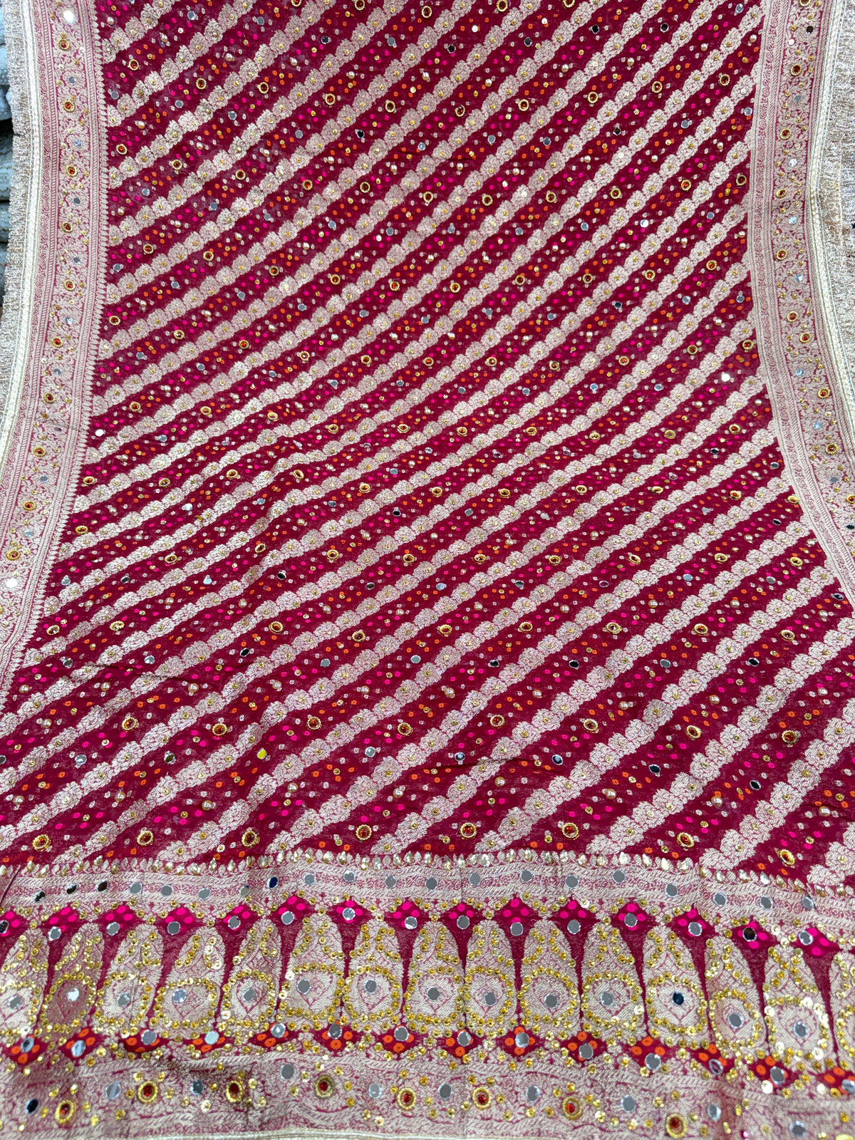Maroon Pure Mysore Georgette Banarasi Bandhej Dupatta with Mirror Work | 2500588