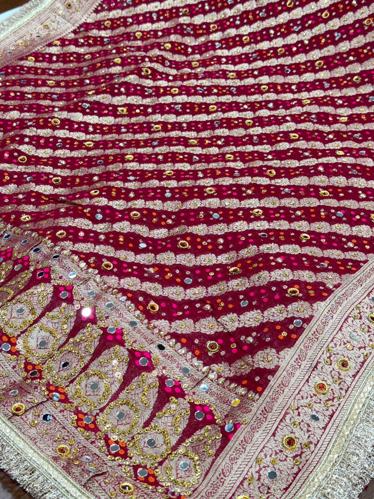 Maroon Pure Mysore Georgette Banarasi Bandhej Dupatta with Mirror Work | 2500588