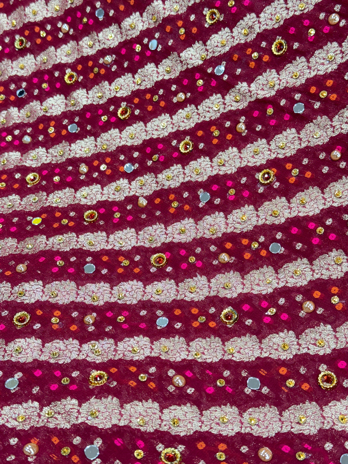 Maroon Pure Mysore Georgette Banarasi Bandhej Dupatta with Mirror Work | 2500588