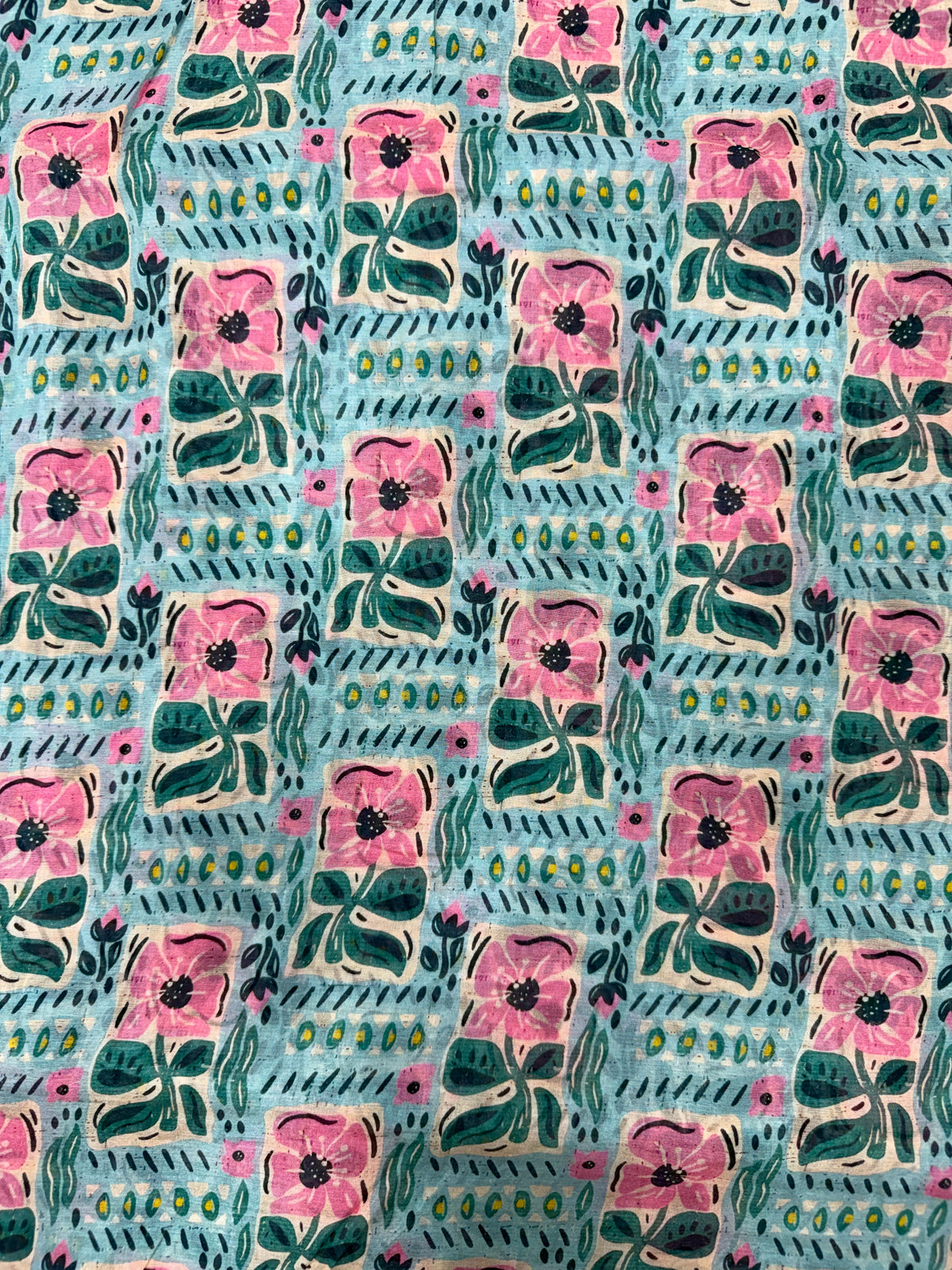 Aqua Folk Floral Pure Mul Cotton Print | 2507026