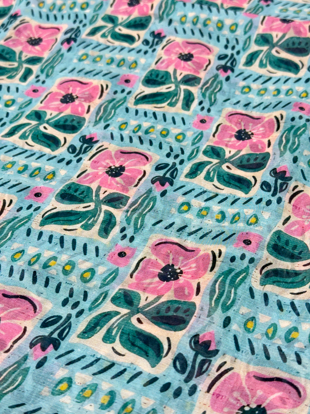 Aqua Folk Floral Pure Mul Cotton Print | 2507026