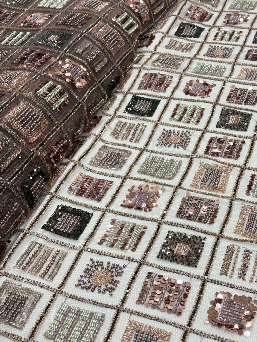 Mocha Rose Gold Geometric Sequin & Beaded Net Fabric | 2504883