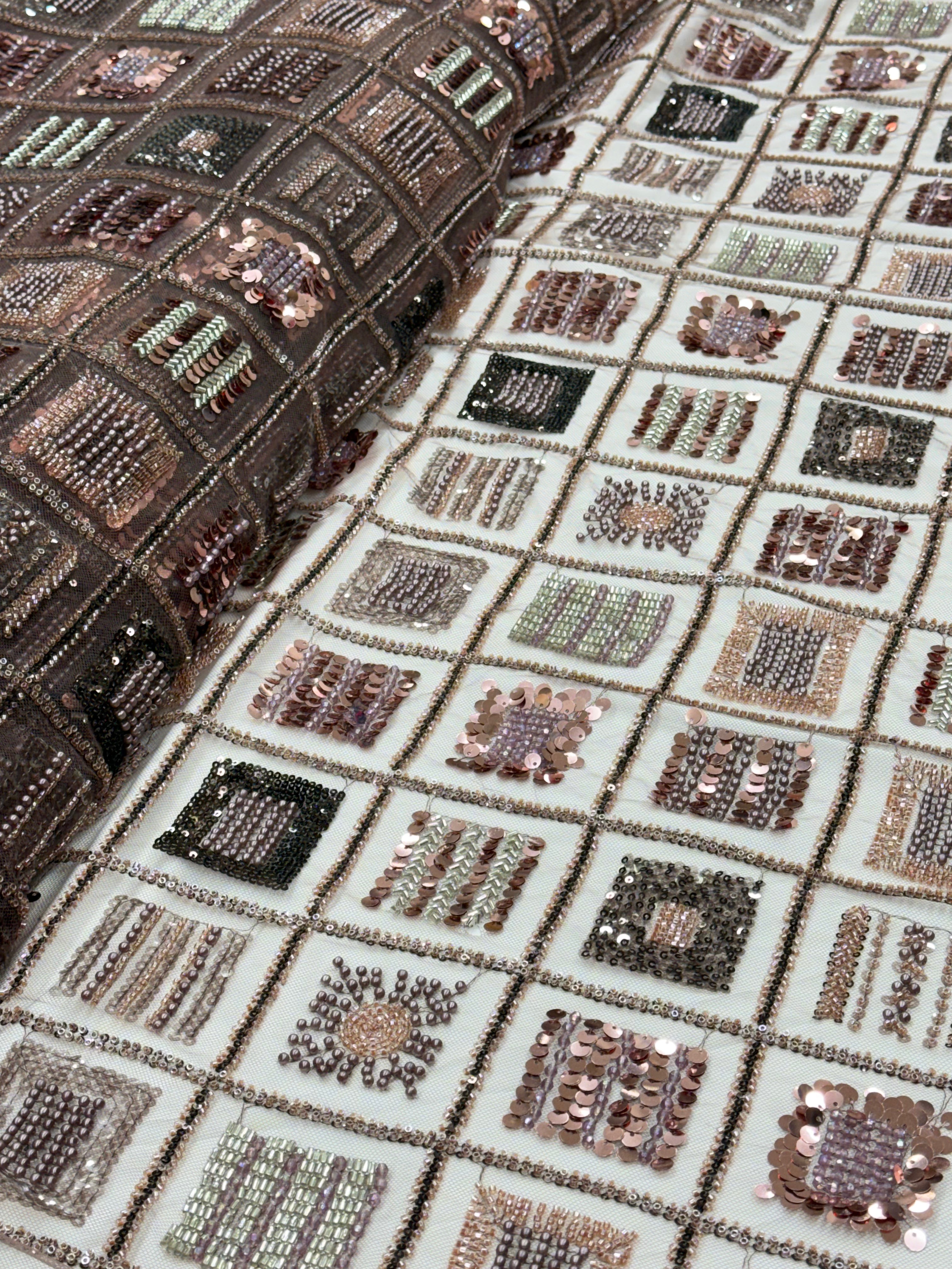 Mocha Rose Gold Geometric Sequin & Beaded Net Fabric | 2504883