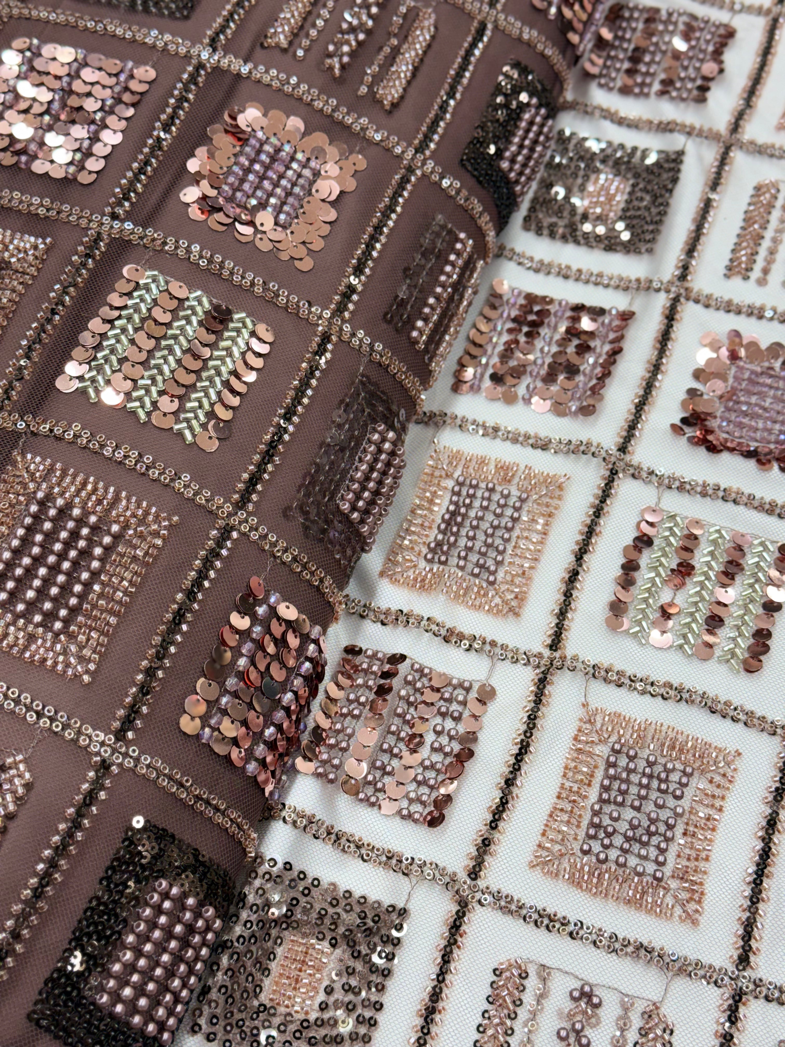 Mocha Rose Gold Geometric Sequin & Beaded Net Fabric | 2504883