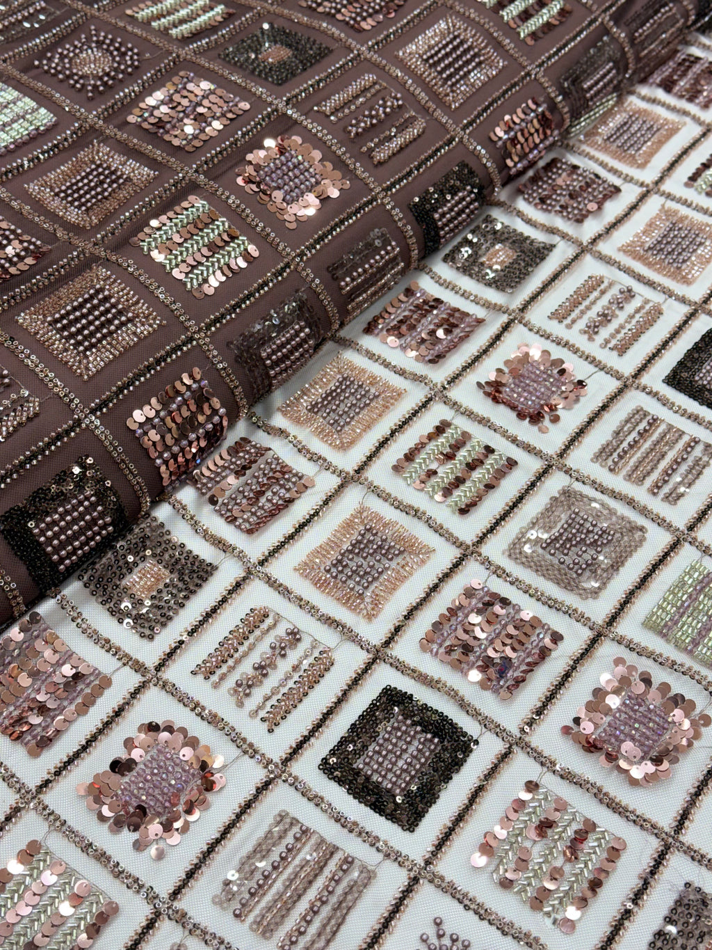 Mocha Rose Gold Geometric Sequin & Beaded Net Fabric | 2504883