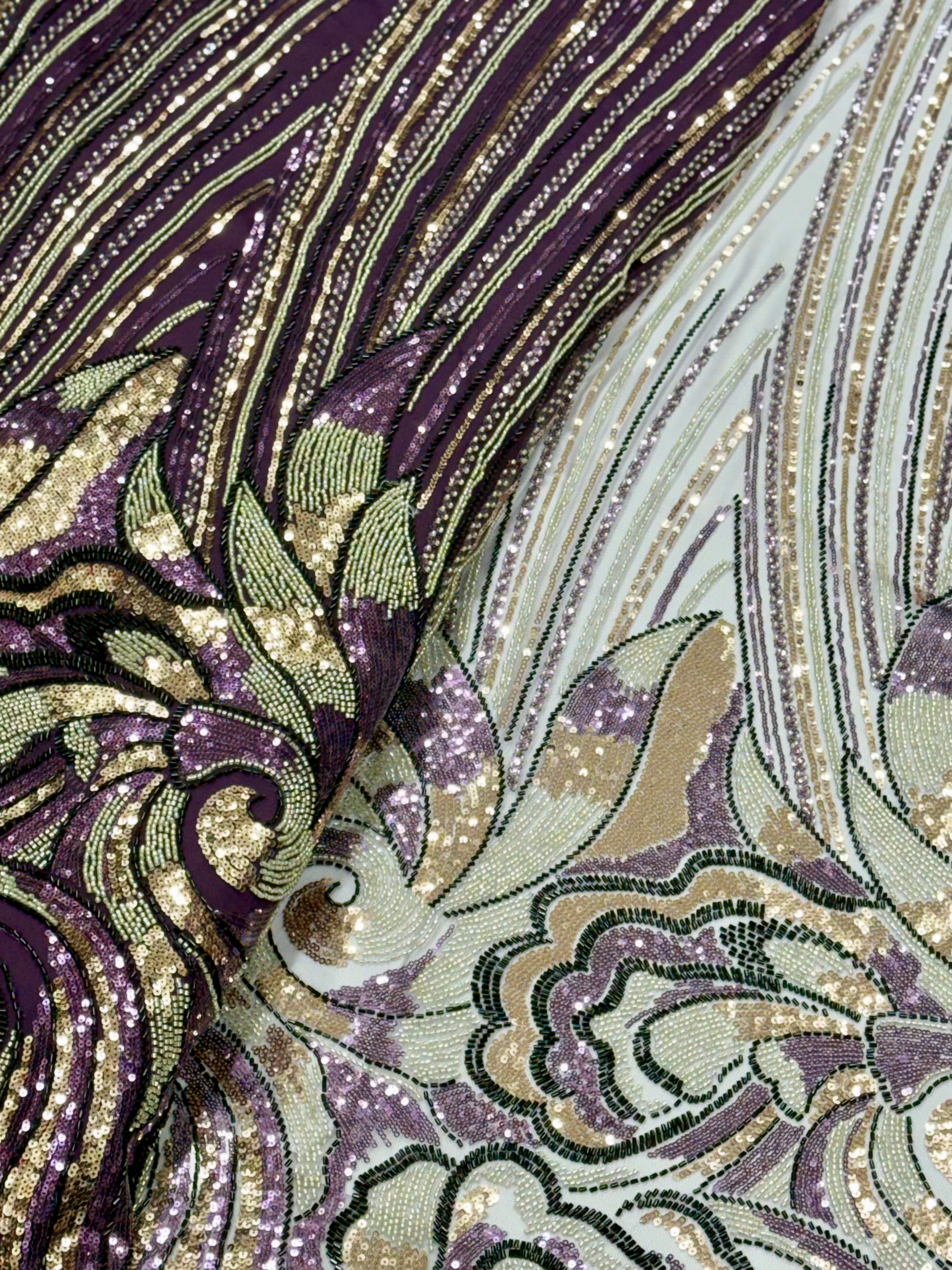Royal Purple Paisley Sequin & Beaded Embroidered Net Fabric | 2504521