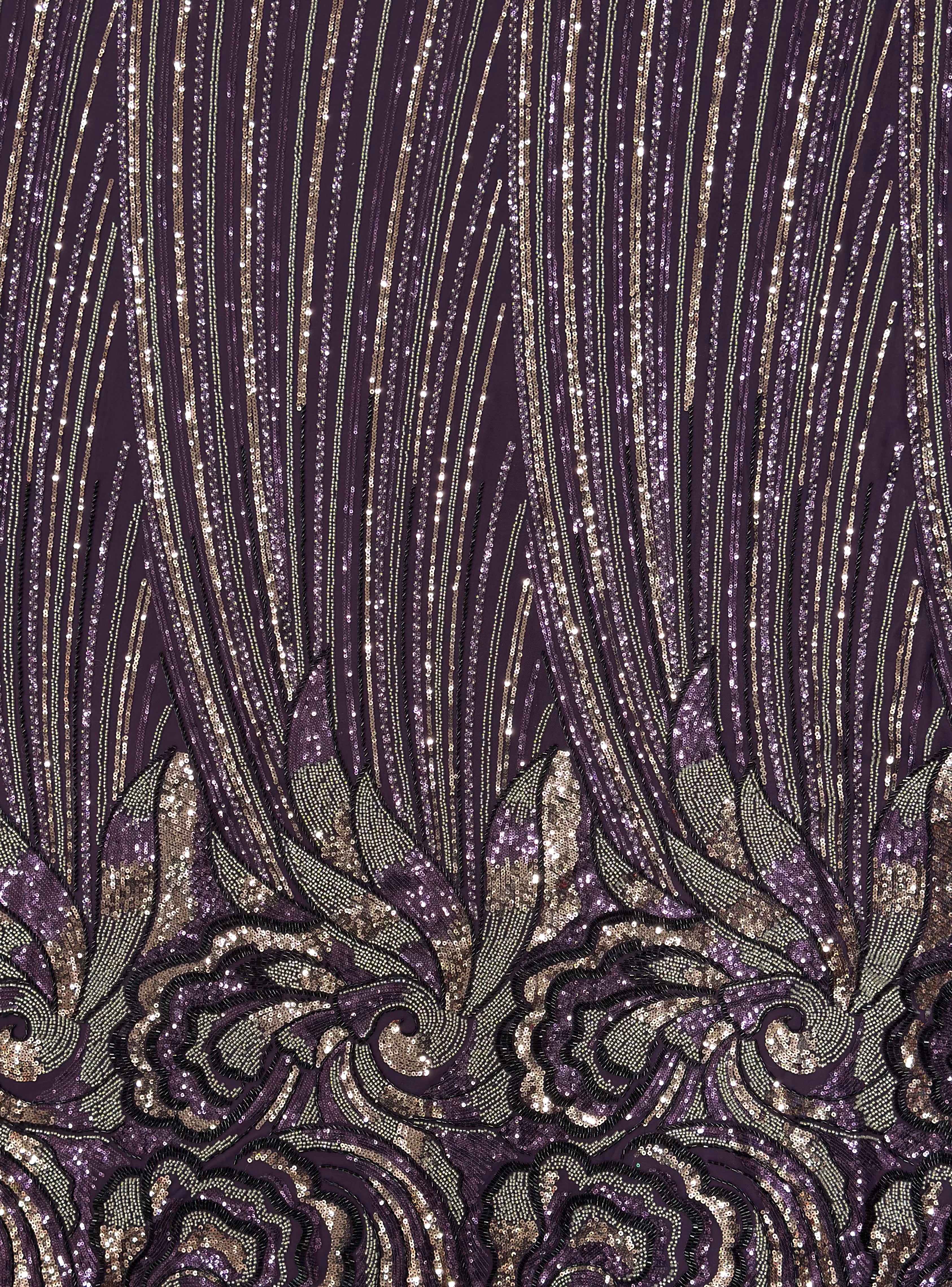 Royal Purple Paisley Sequin & Beaded Embroidered Net Fabric | 2504521