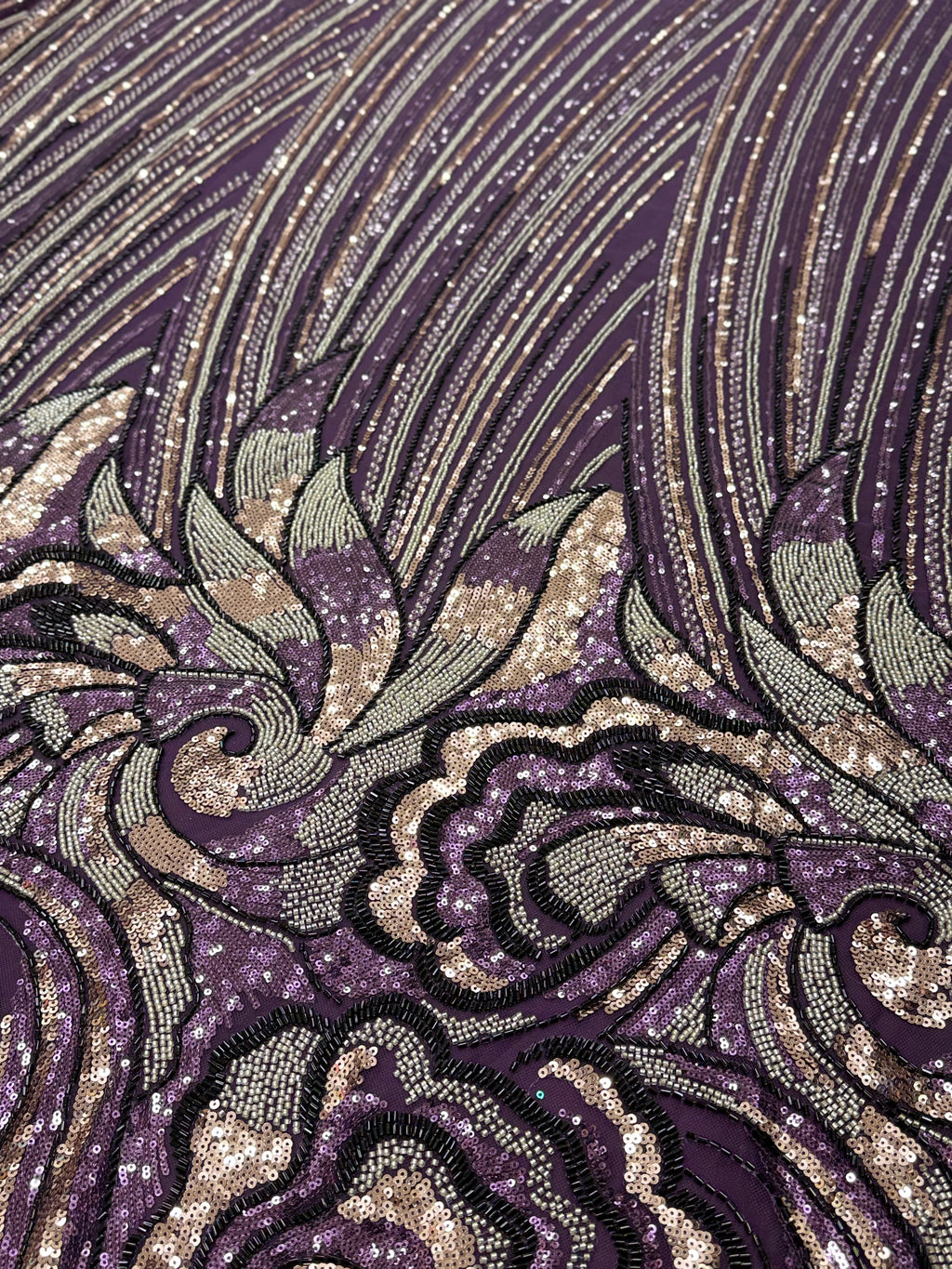 Royal Purple Paisley Sequin & Beaded Embroidered Net Fabric | 2504521