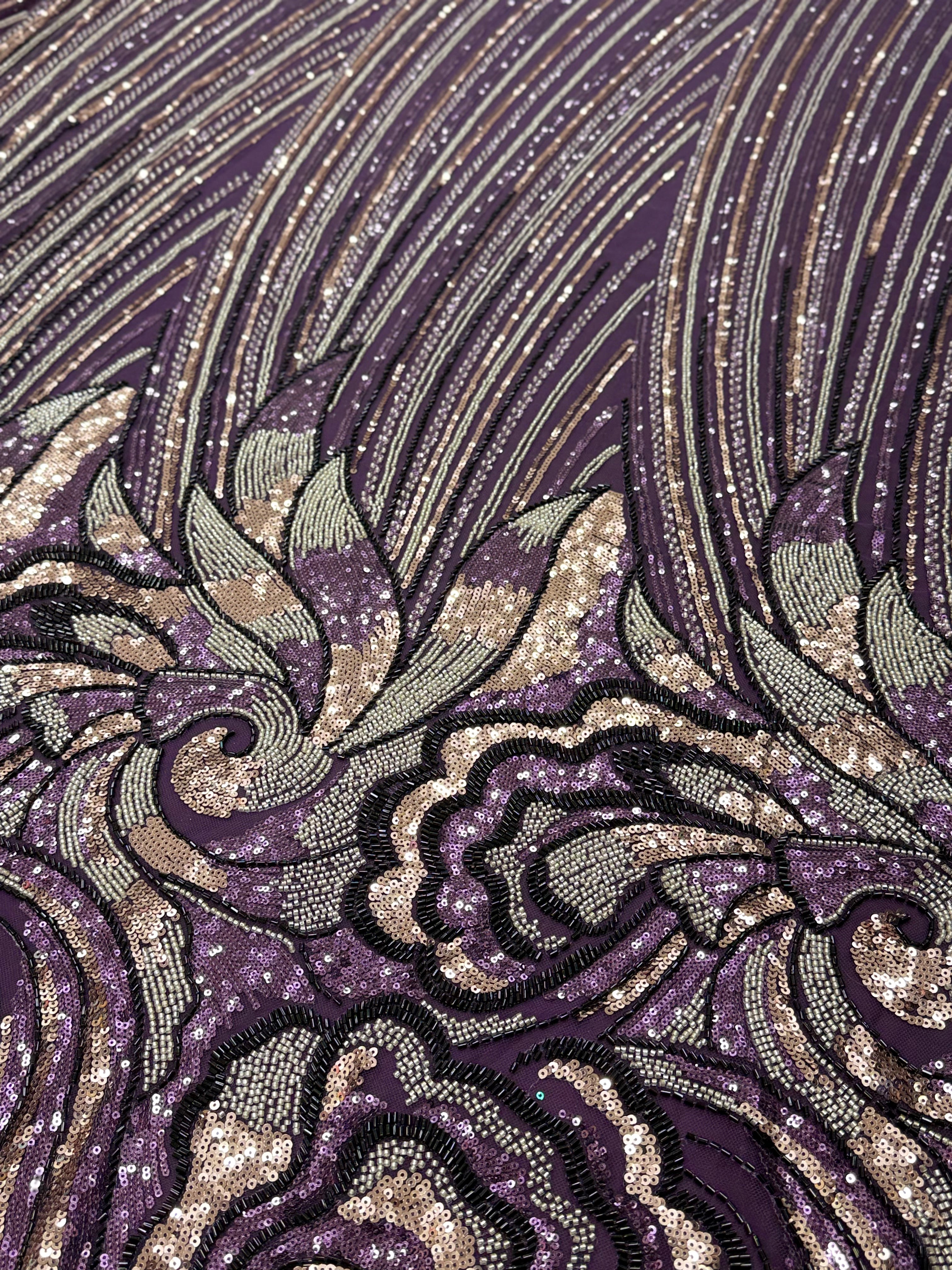 Royal Purple Paisley Sequin & Beaded Embroidered Net Fabric | 2504521