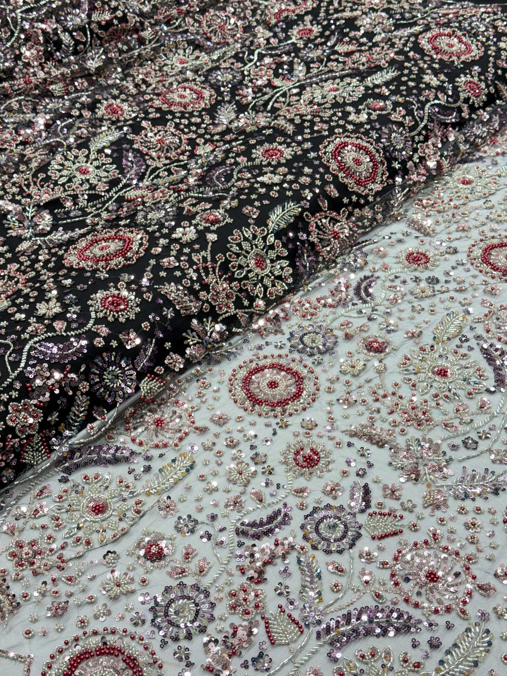 Black Multicolour Floral Sequin & Beaded Embroidered Net Fabric | 2505292