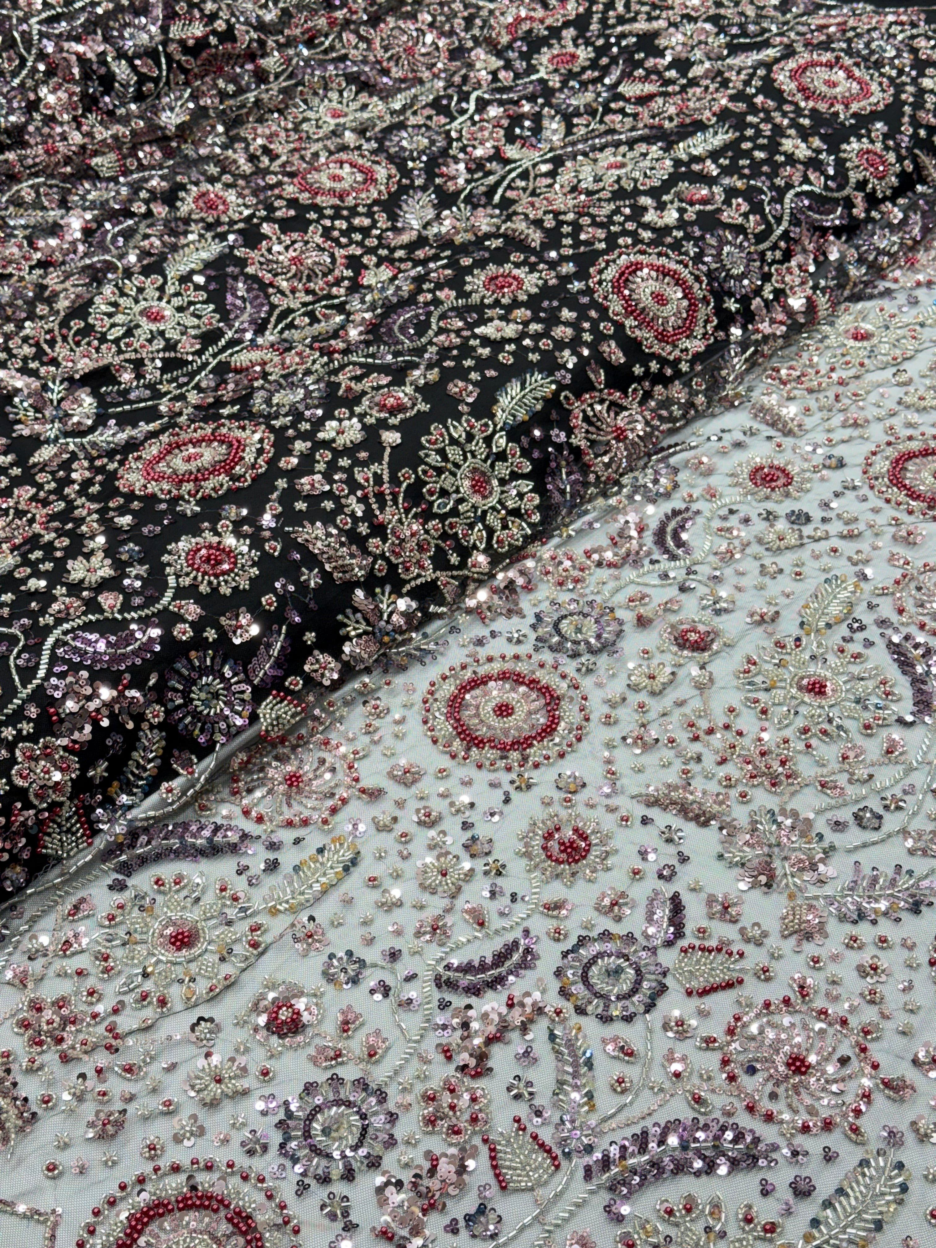 Black Multicolour Floral Sequin & Beaded Embroidered Net Fabric | 2505292