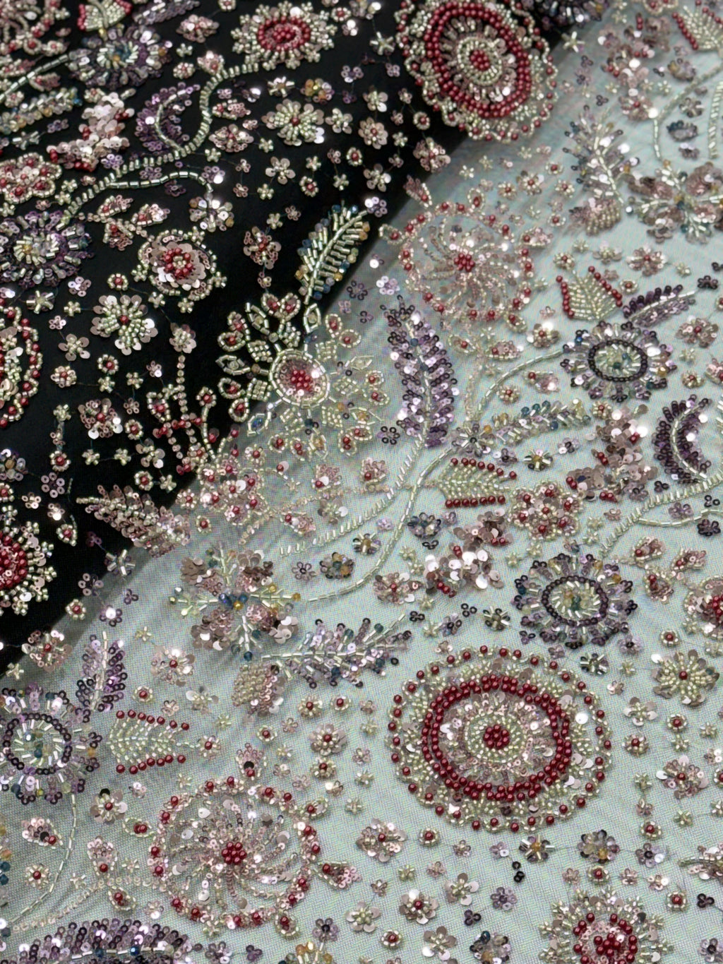Black Multicolour Floral Sequin & Beaded Embroidered Net Fabric | 2505292