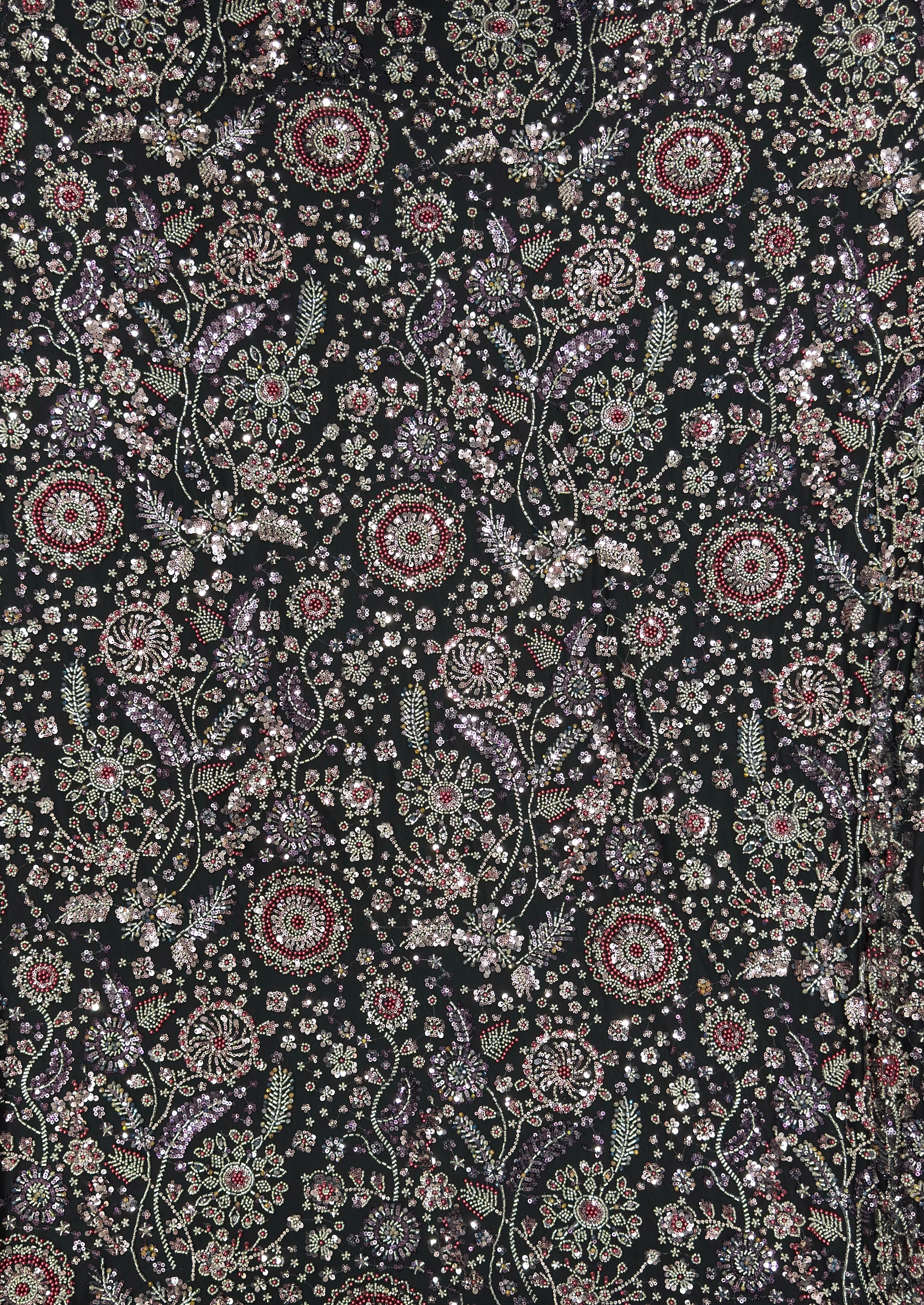 Black Multicolour Floral Sequin & Beaded Embroidered Net Fabric | 2505292
