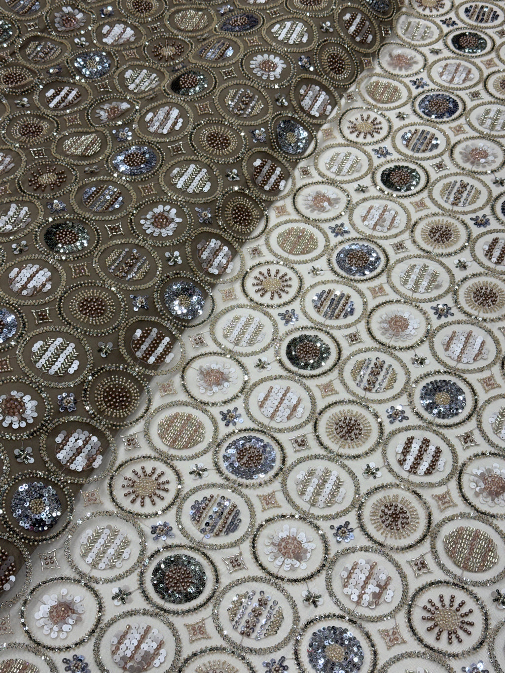 Champagne Gold Sequin Beaded Geometric Net Fabric | 2504882